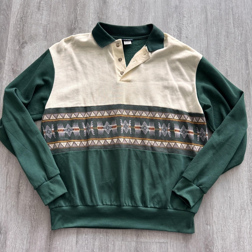 Vintage Blair Sweater Mens Large Green Collared Pullover Southwestern Made USA